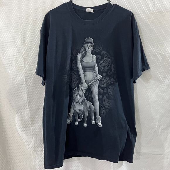 Fruit of the Loom Other - Sugar Skull Tattoo Woman with Pit Bull Black Cotton T Shirt Sz XL Grunge Skulls